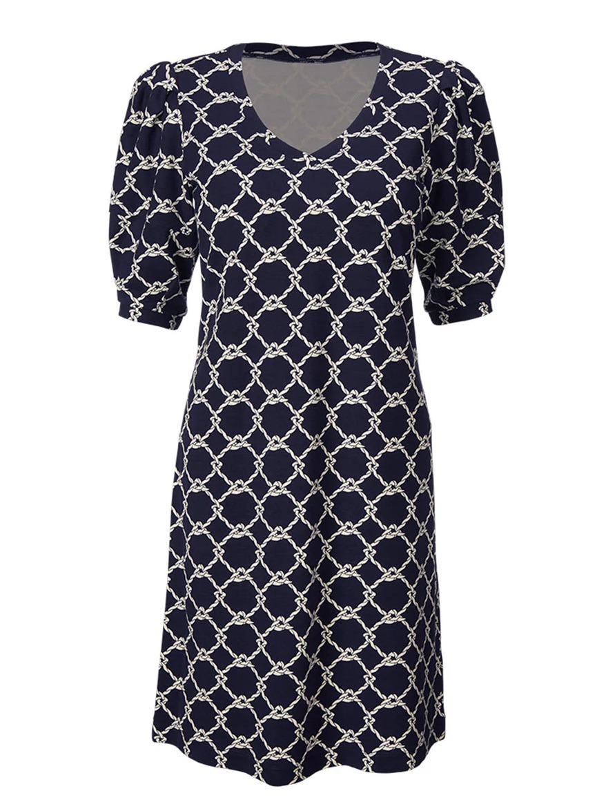 Cabi Cruise Dress- Navy Rope-Print V-Neck Puff Sleeve Dress